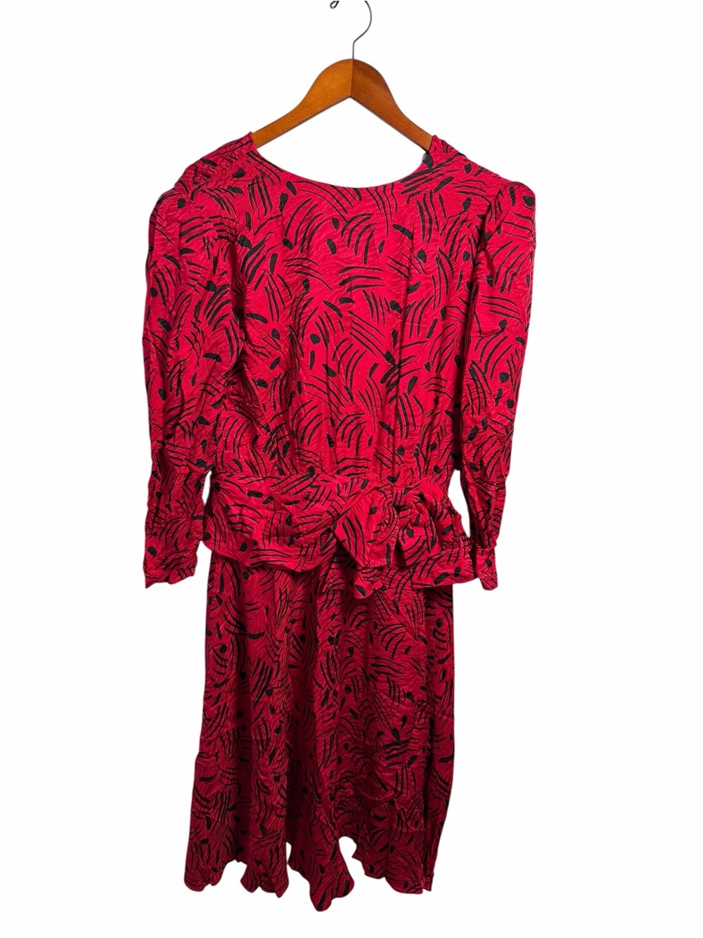 Vtg 100% Silk Red Patterned Long-Sleeve Midi Dress - Picture 2 of 10